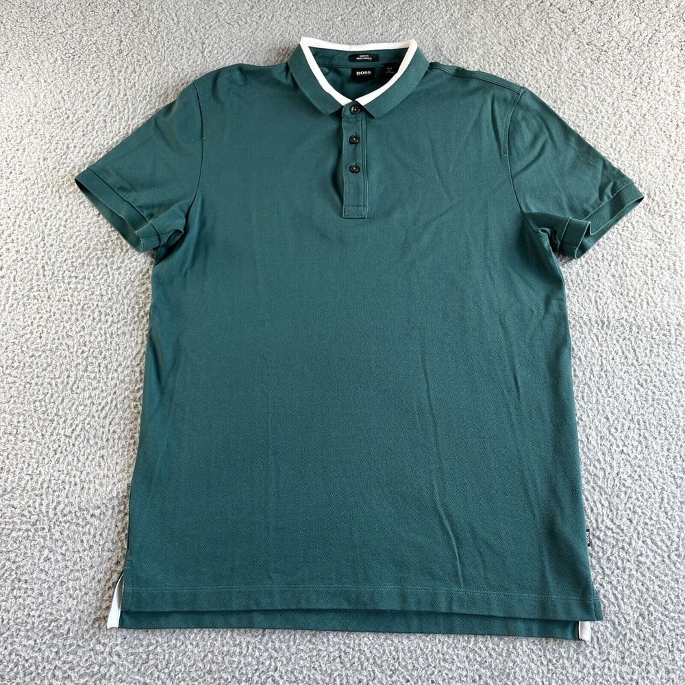 NEW Hugo Boss Polo‎ Shirt Mens Large Green Slim Fit Mercerised Casual Designer